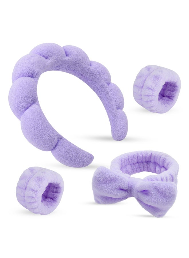 JUMEI 4 Pack Purple Spa Headband &  Wristbands Set, Soft Makeup Skincare Headbands with Bow, Face Wash Hair Accessories for Women - Image 1